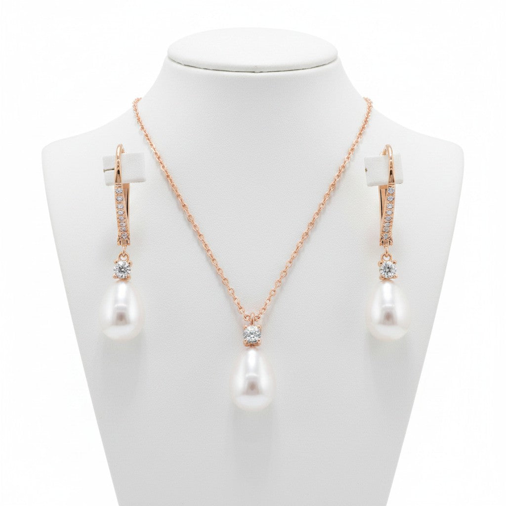 CUBIC ZIRCONIA COLLECTION - EXQUISITE FRESHWATER PEARL SET - CZNK219 ROSE GOLD