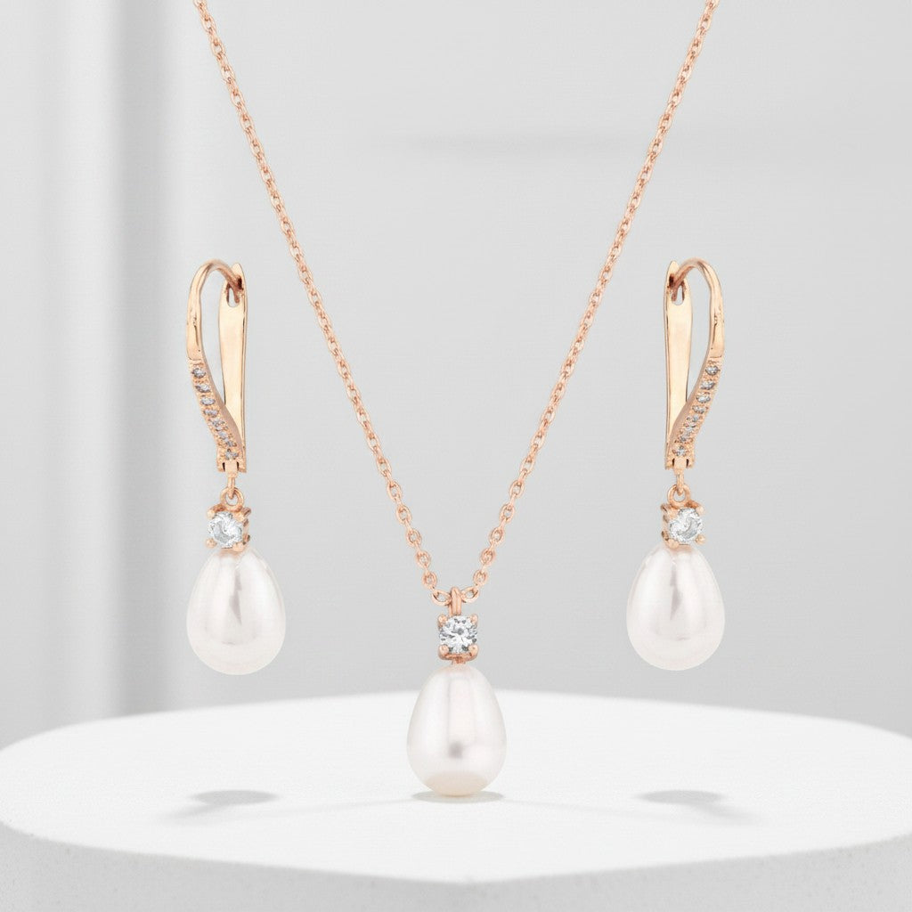 CUBIC ZIRCONIA COLLECTION - EXQUISITE FRESHWATER PEARL SET - CZNK219 ROSE GOLD