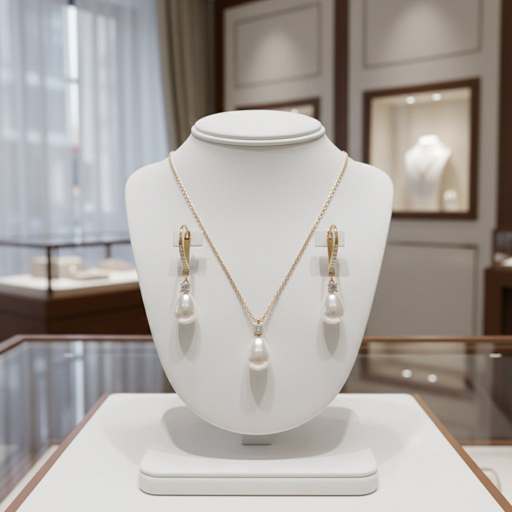 CUBIC ZIRCONIA COLLECTION - EXQUISITE FRESHWATER PEARL SET - CZNK219 GOLD
