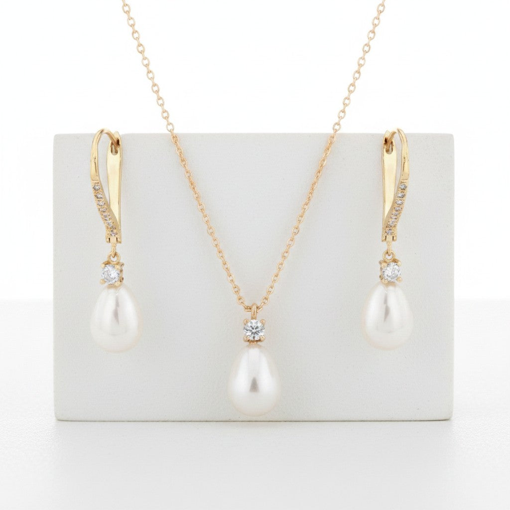 CUBIC ZIRCONIA COLLECTION - EXQUISITE FRESHWATER PEARL SET - CZNK219 GOLD