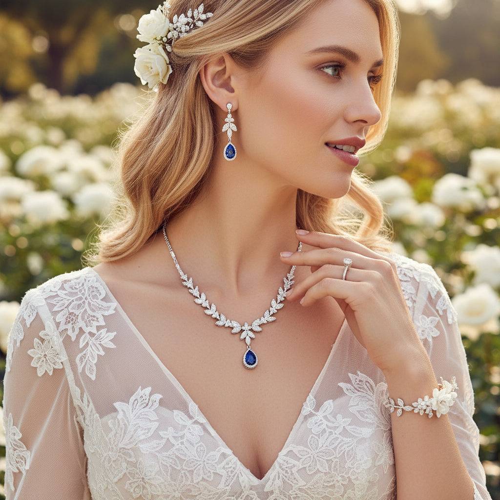 CUBIC ZIRCONIA COLLECTION - CRYSTAL SHIMMER NECKLACE - CZNK222 BLUE