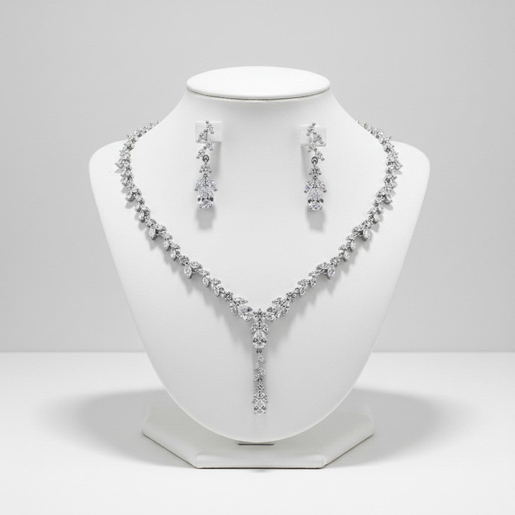 CUBIC ZIRCONIA COLLECTION - SIMULATED DIAMOND DROP NECKLACE SET - CZNK223 SILVER