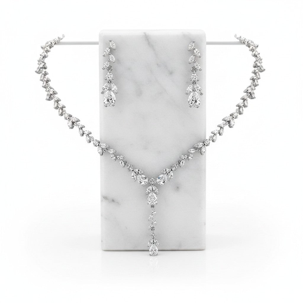 CUBIC ZIRCONIA COLLECTION - SIMULATED DIAMOND DROP NECKLACE SET - CZNK223 SILVER