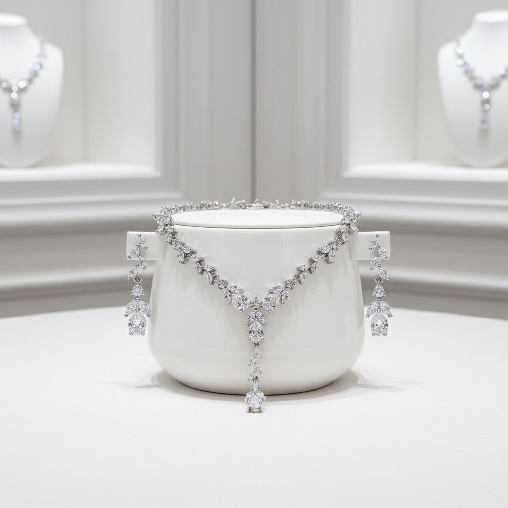 CUBIC ZIRCONIA COLLECTION - SIMULATED DIAMOND DROP NECKLACE SET - CZNK223 SILVER