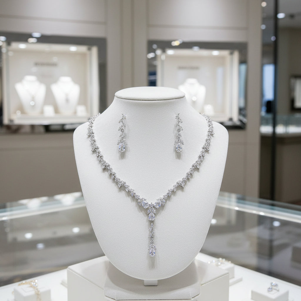 CUBIC ZIRCONIA COLLECTION - SIMULATED DIAMOND DROP NECKLACE SET - CZNK223 SILVER