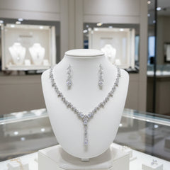CUBIC ZIRCONIA COLLECTION - SIMULATED DIAMOND DROP NECKLACE SET - CZNK223 SILVER