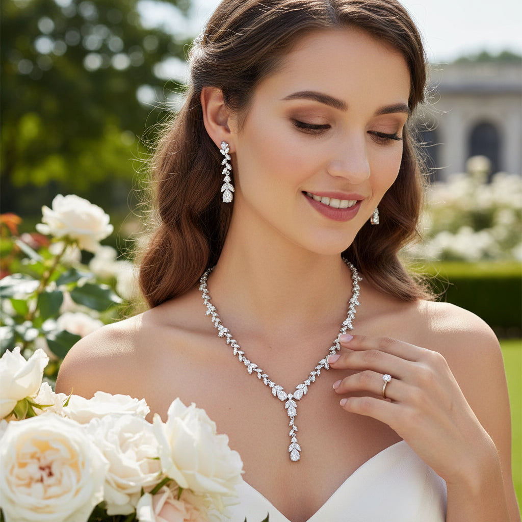 CUBIC ZIRCONIA COLLECTION - SIMULATED DIAMOND DROP NECKLACE SET - CZNK223 SILVER