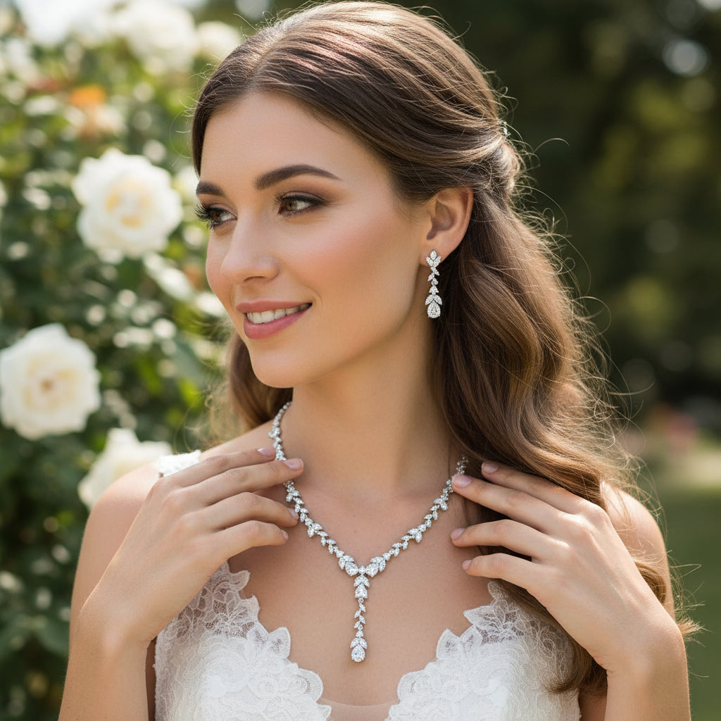 CUBIC ZIRCONIA COLLECTION - SIMULATED DIAMOND DROP NECKLACE SET - CZNK223 SILVER
