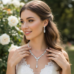 CUBIC ZIRCONIA COLLECTION - SIMULATED DIAMOND DROP NECKLACE SET - CZNK223 SILVER