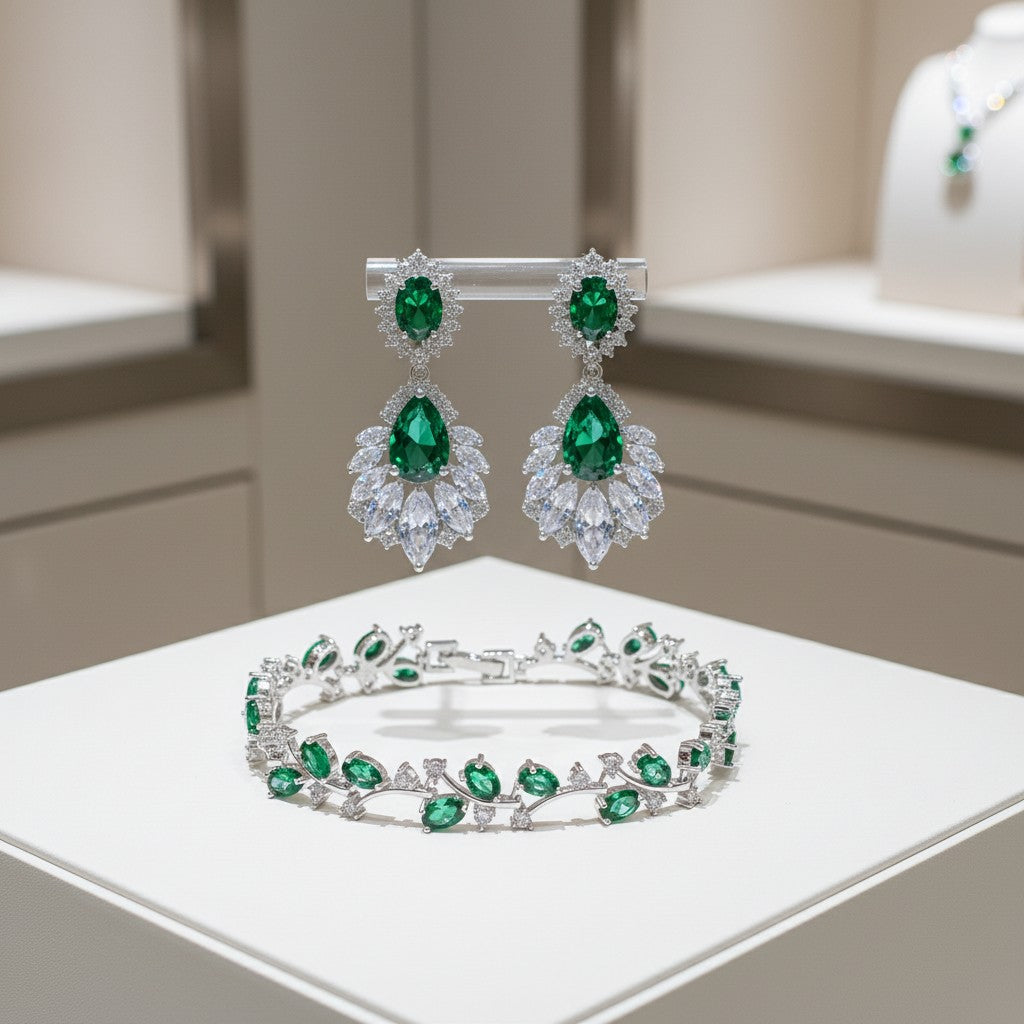 CUBIC ZIRCONIA COLLECTION - SIMPLY SPARKLE BRACELET SET - EMERALD GREEN