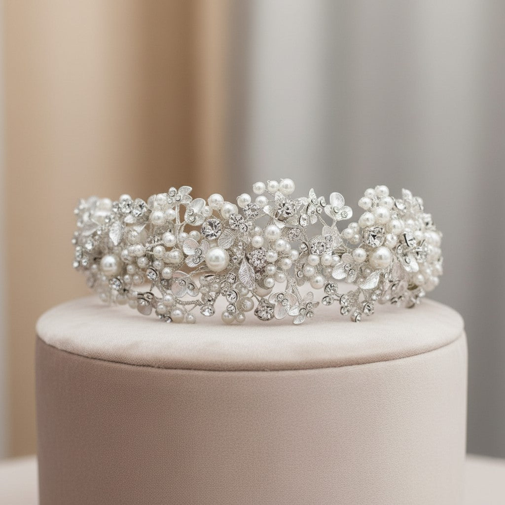 ATHENA COLLECTION - EXQUISITE PEARL CLUSTER HEADPIECE - AHB191 SILVER