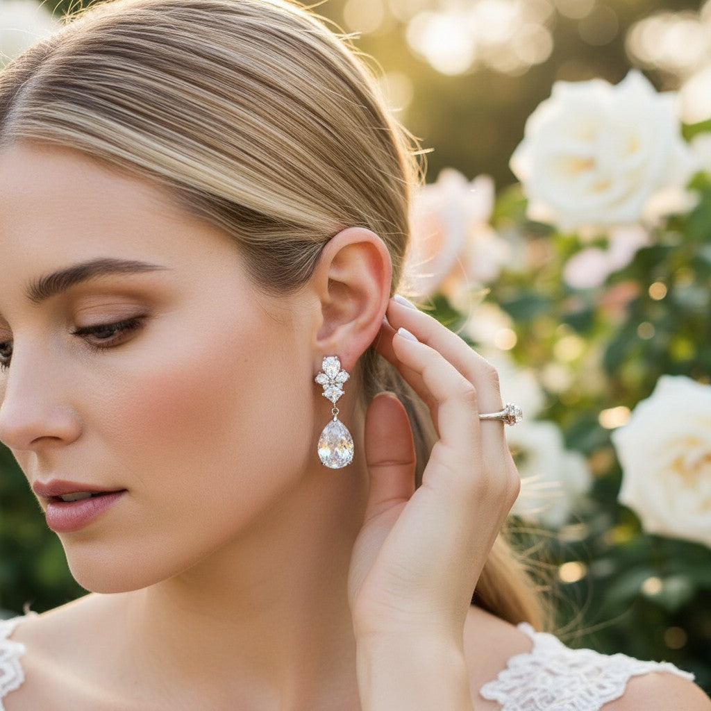 CUBIIC ZIRCONIA COLLECTION - EXQUISITE TEARDROP CRYSTAL EARRINGS - CZER485 SILVER