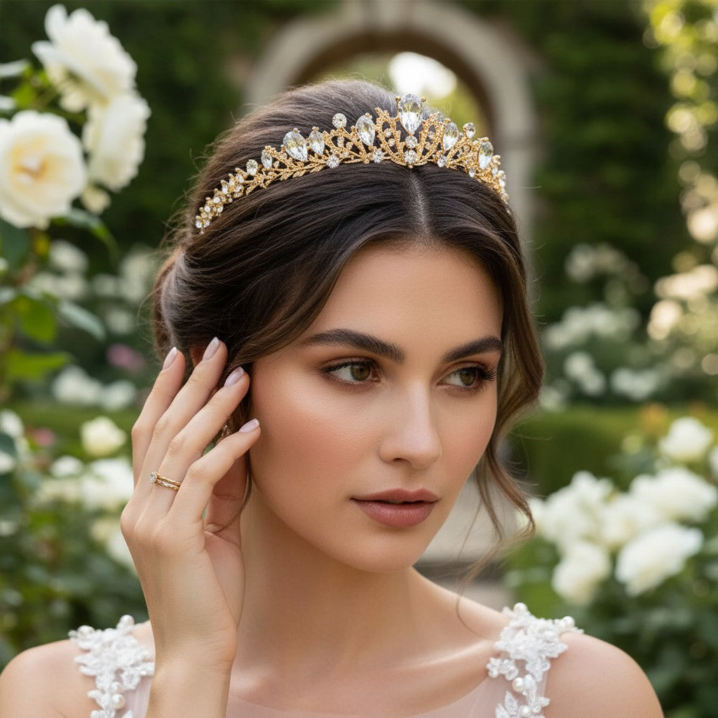 CUBIC ZIRCONIA COLLECTION - CHIC STARLET TIARA - AHB181 GOLD