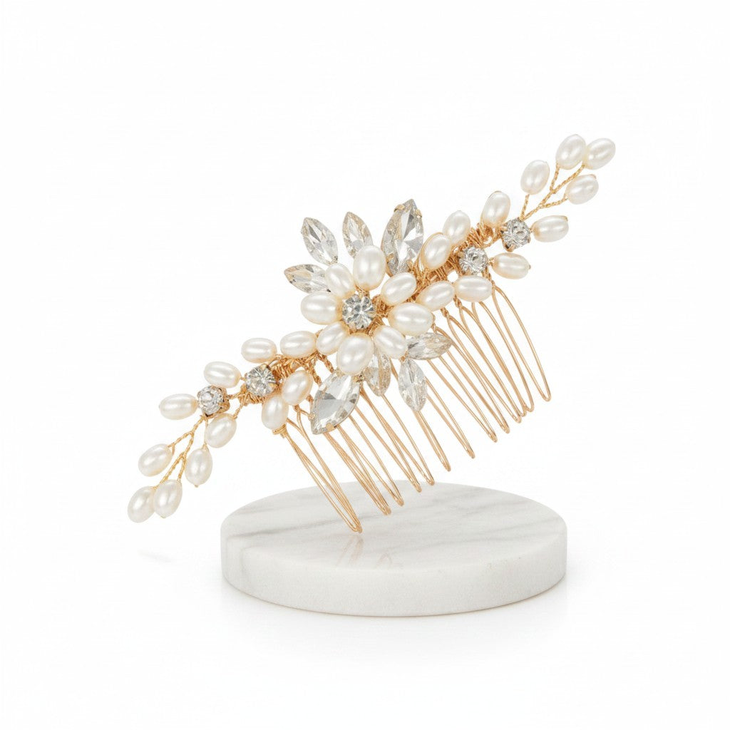 ATHENA COLLECTION - CHIC PEARL HAIR COMB - HC295 GOLD