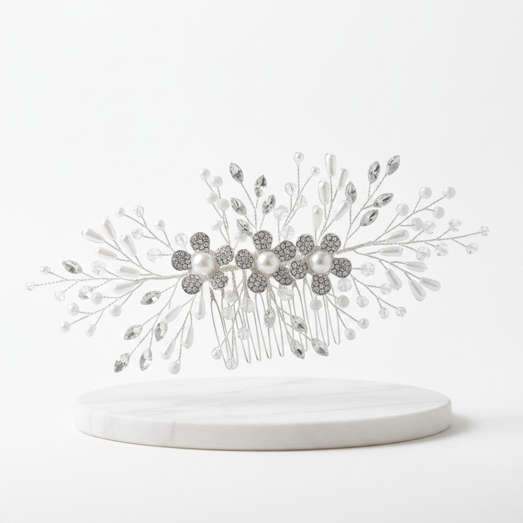 ATHENA COLLECTION - VINTAGE INSPIRED PEARL COMB - HC297 SILVER
