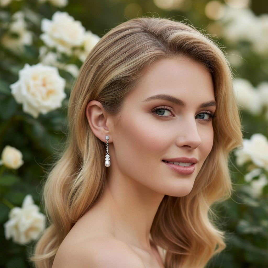 CUBIC ZIRCONIA COLLECTION - VINTAGE PEARL DROP EARRINGS - CZER779 SILVER