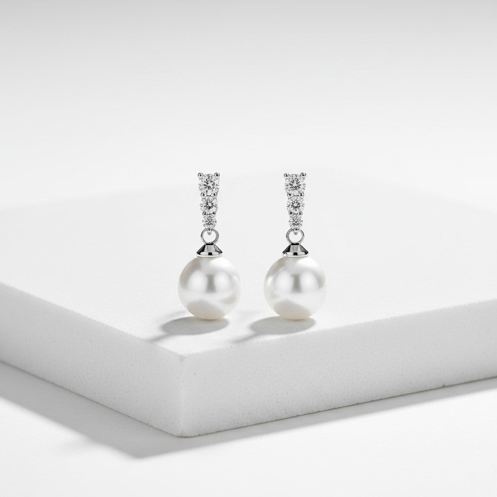 CUBIC ZIRCONIA COLLECTION - DAINTY PEARL DROP EARRINGS - CZER780 SILVER
