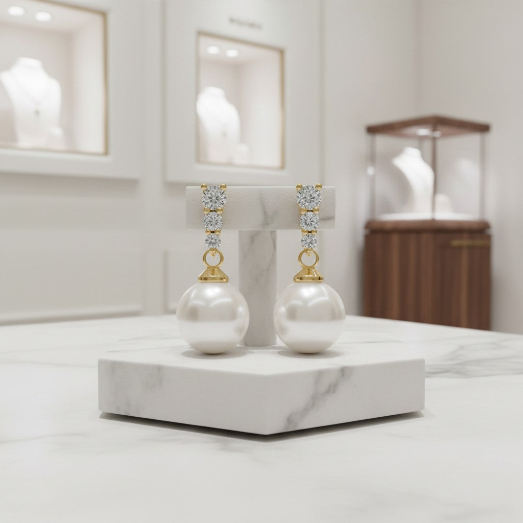 CUBIC ZIRCONIA COLLECTION - DAINTY PEARL DROP EARRINGS - CZER780 GOLD