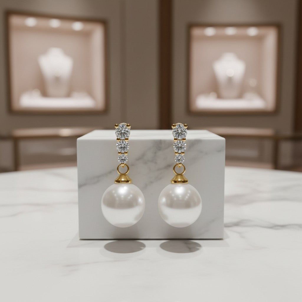CUBIC ZIRCONIA COLLECTION - DAINTY PEARL DROP EARRINGS - CZER780 GOLD