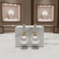 CUBIC ZIRCONIA COLLECTION - DAINTY PEARL DROP EARRINGS - CZER780 GOLD