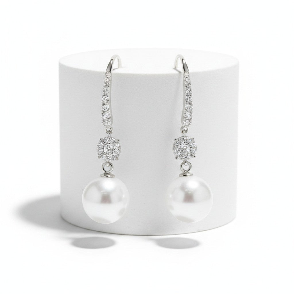 CUBIC ZIRCONIA COLLECTION - BEJEWELLED PEARL EARRINGS - CZER781 SILVER