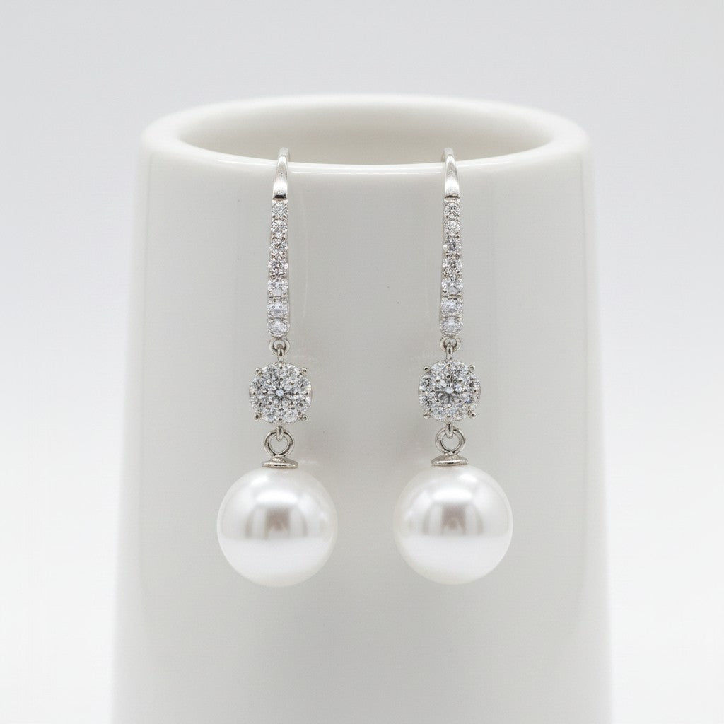 CUBIC ZIRCONIA COLLECTION - BEJEWELLED PEARL EARRINGS - CZER781 SILVER