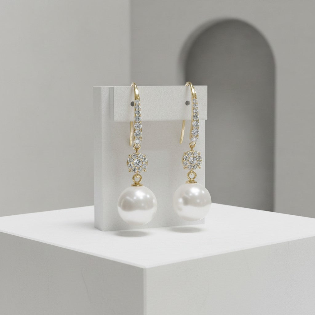 CUBIC ZIRCONIA COLLECTION - BEJEWELLED PEARL EARRINGS - CZER781 GOLD