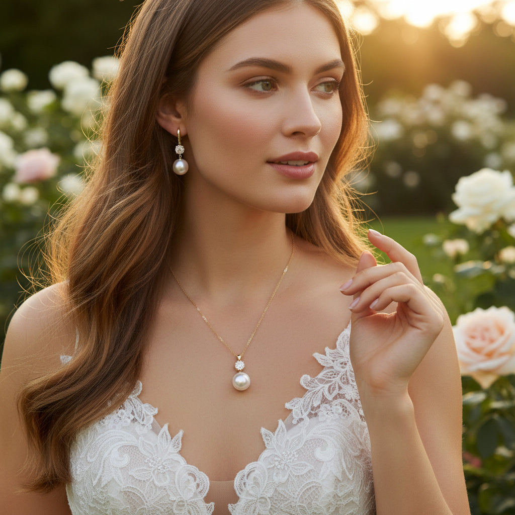 CUBIC ZIRCONIA COLLECTION - BEJEWELLED PEARL NECKLACE - CZNK225 GOLD