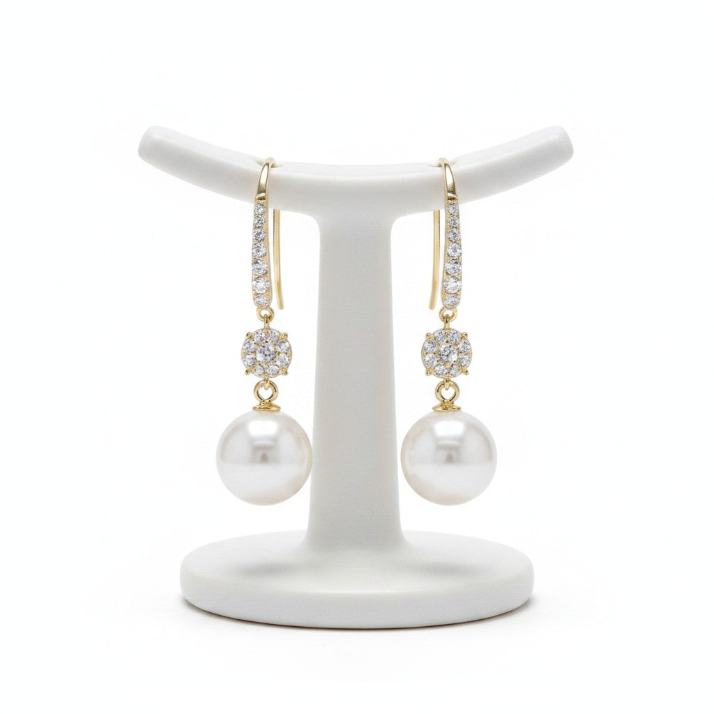 CUBIC ZIRCONIA COLLECTION - BEJEWELLED PEARL EARRINGS - CZER781 GOLD