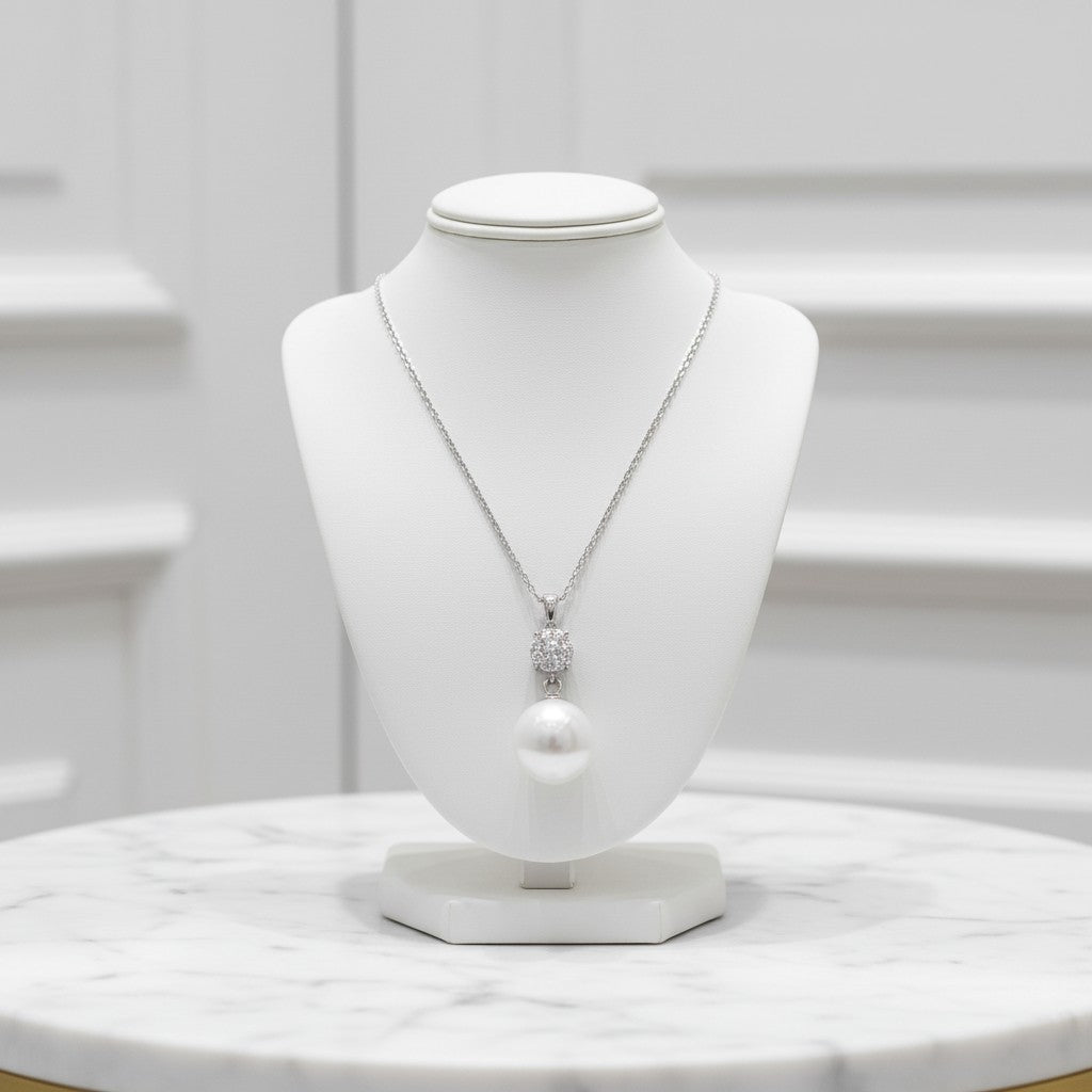 CUBIC ZIRCONIA COLLECTION - BEJEWELLED PEARL NECKLACE - CZNK225 SILVER