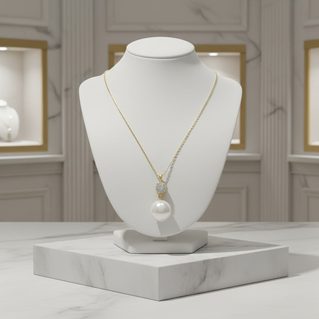 CUBIC ZIRCONIA COLLECTION - BEJEWELLED PEARL NECKLACE - CZNK225 GOLD