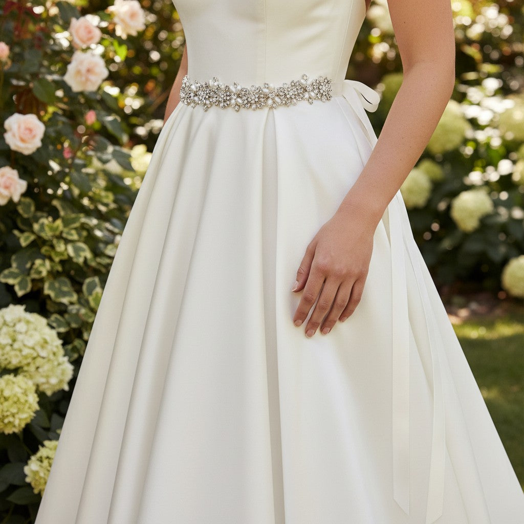 ATHENA COLLECTION - PEARL GARLAND BRIDAL BELT - BELT50 - SILVER