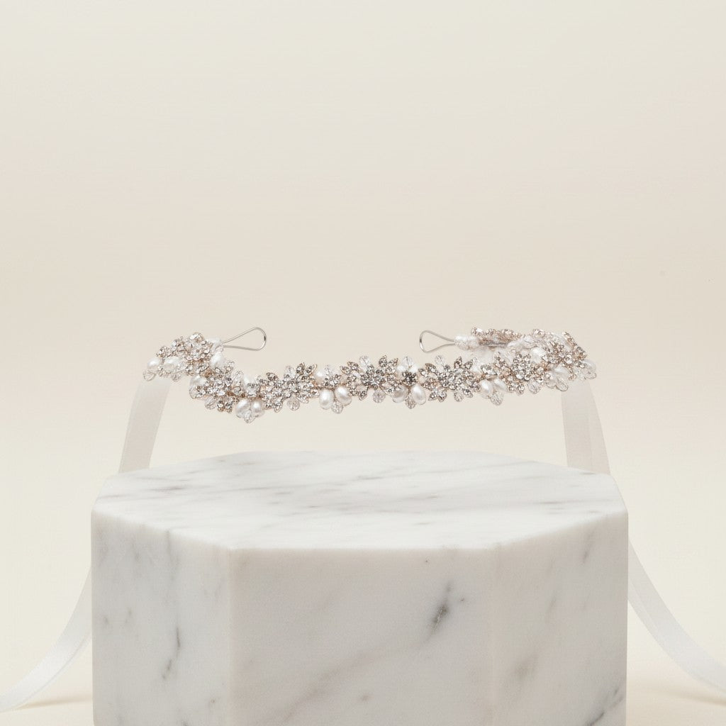 ATHENA COLLECTION - PEARL GARLAND BRIDAL BELT - BELT50 - SILVER