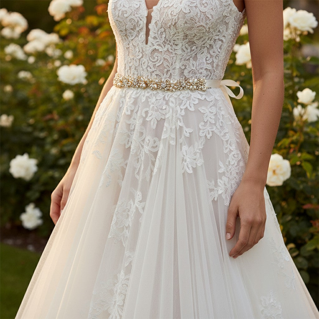 ATHENA COLLECTION - PEARL GARLAND BRIDAL BELT - BELT50 -  GOLD