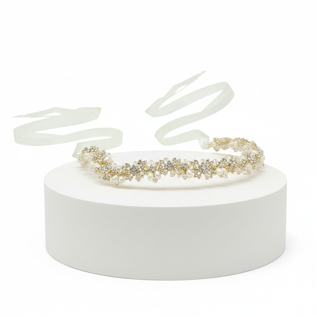 ATHENA COLLECTION - PEARL GARLAND BRIDAL BELT - BELT50 -  GOLD