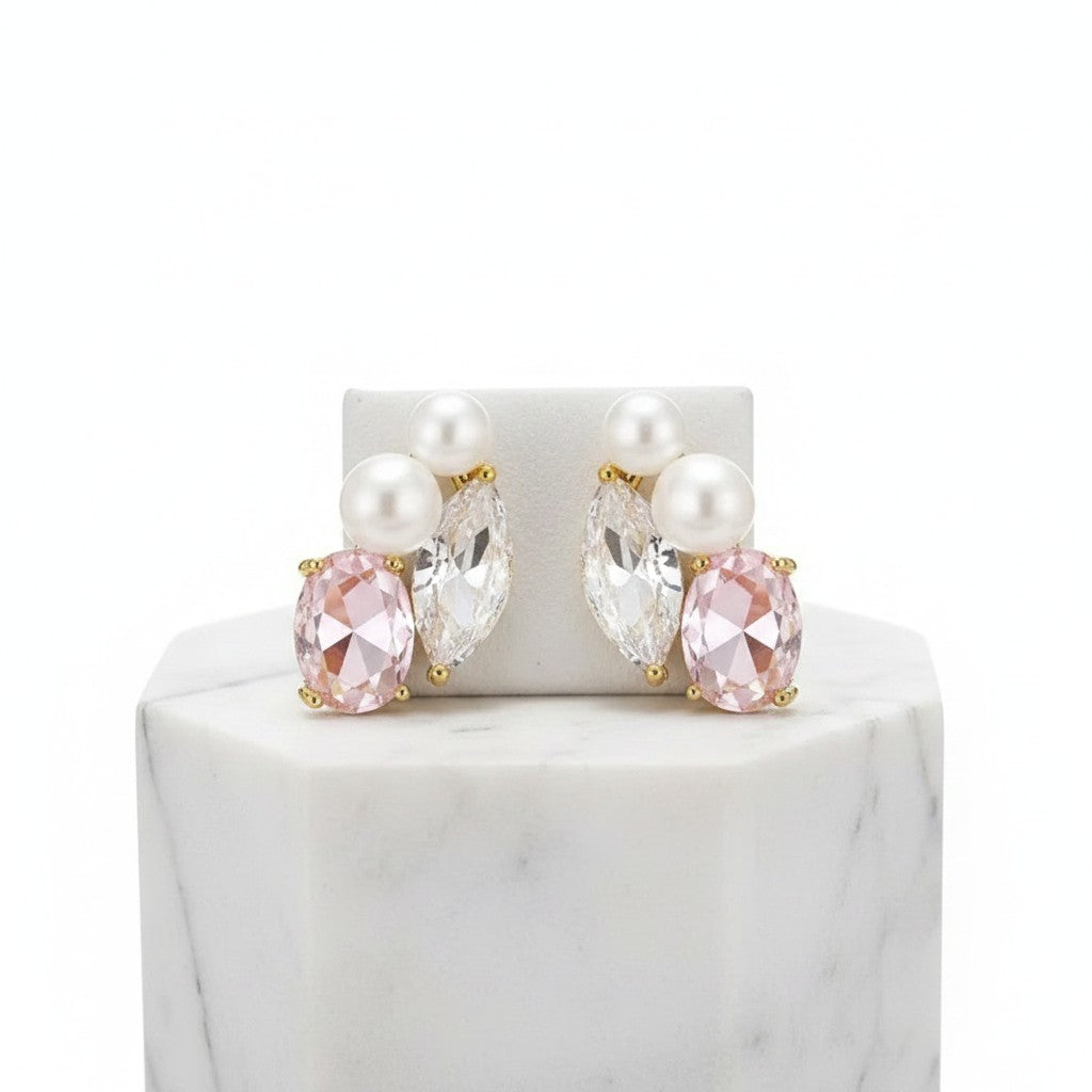 CUBIC ZIRCONIA COLLECTION - DAINTY PINK SPARKLE EARRINGS - CZER784 GOLD