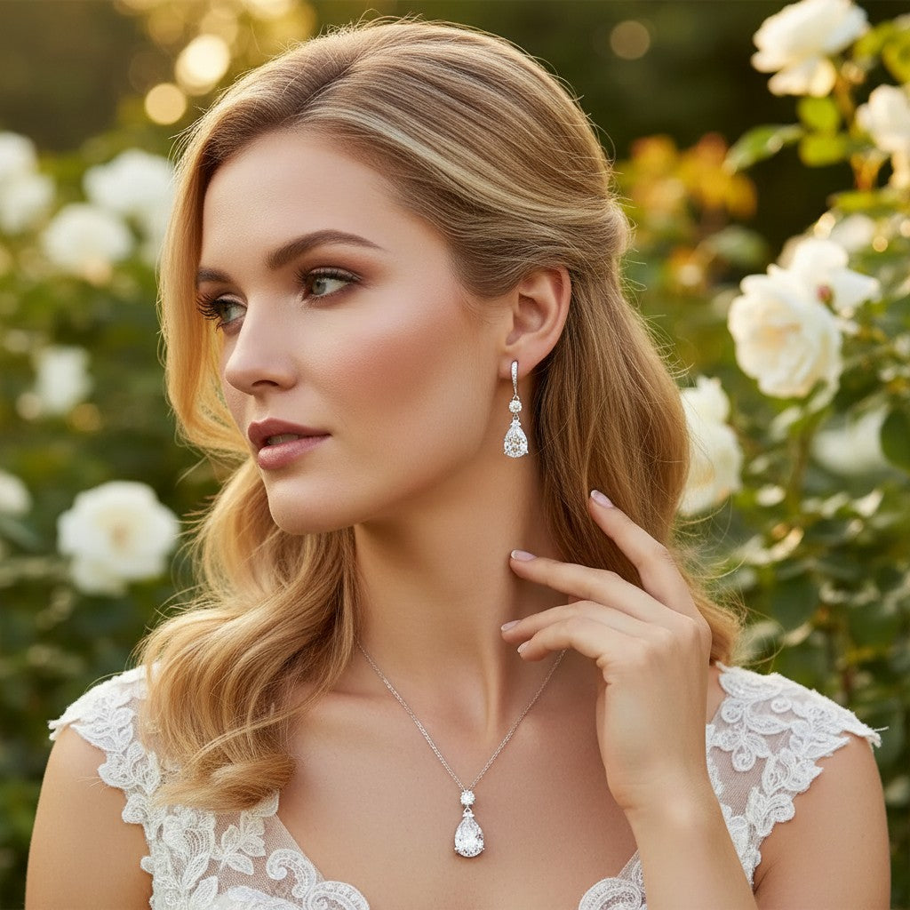 CUBIC ZIRCONIA COLLECTION - DAZZLING STARLET NECKLACE SET - CZNK229 SILVER