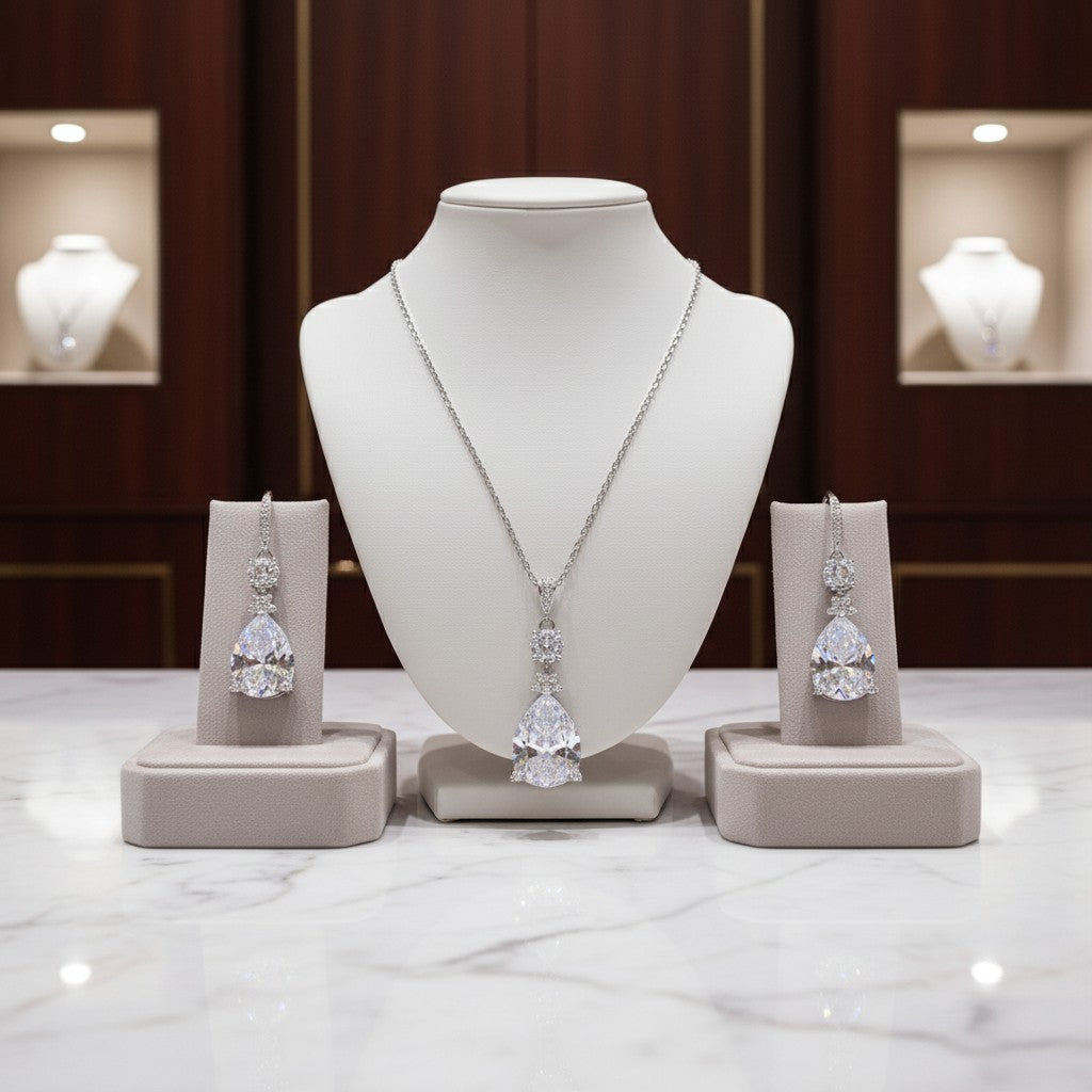 CUBIC ZIRCONIA COLLECTION - DAZZLING STARLET NECKLACE SET - CZNK229 SILVER
