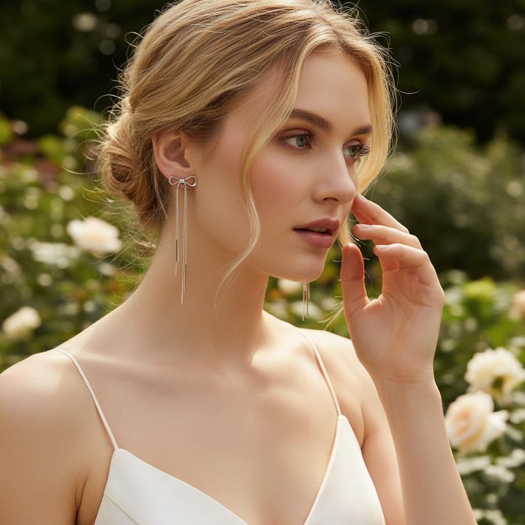 ATHENA COLLECTION - SILVER BOW CHANDELIER EARRINGS -CZER791 SILVER