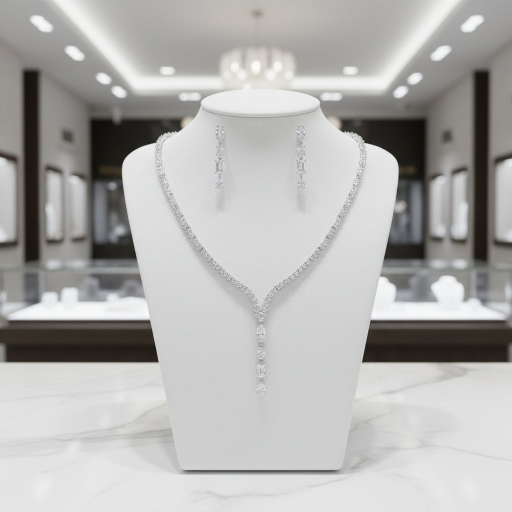 CUBIC ZIRCONIA COLLECTION - VINTAGE TREASURE  DROP NECKLACE - CZNK231 SILVER