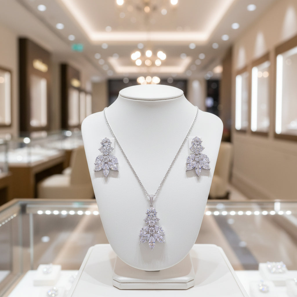 CUBIC ZIRCONIA COLLECTION - DAINTY DIVA NECKLACE SET - CZER232 SILVER