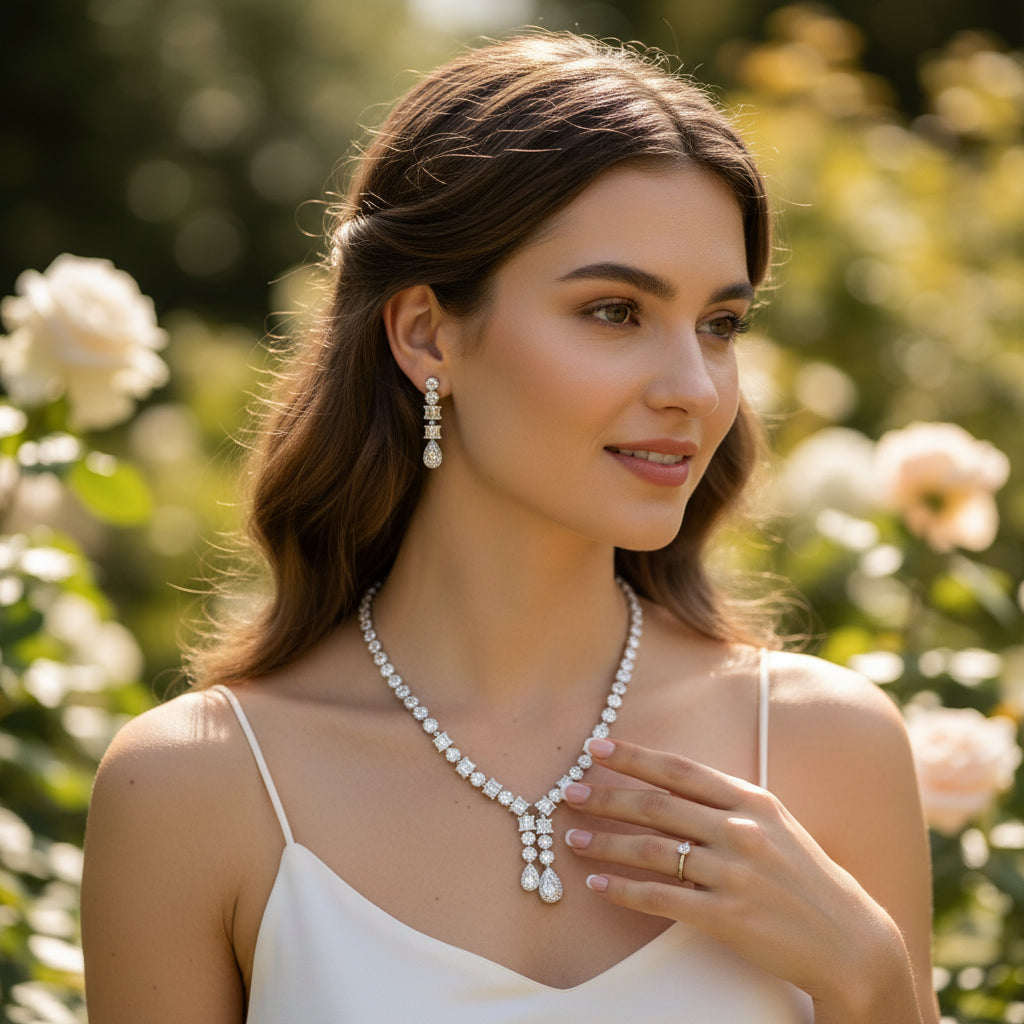 CUBIC ZIRCONIA COLLECTION - LUXE STARLET DROP NECKLACE SET - CZNK233