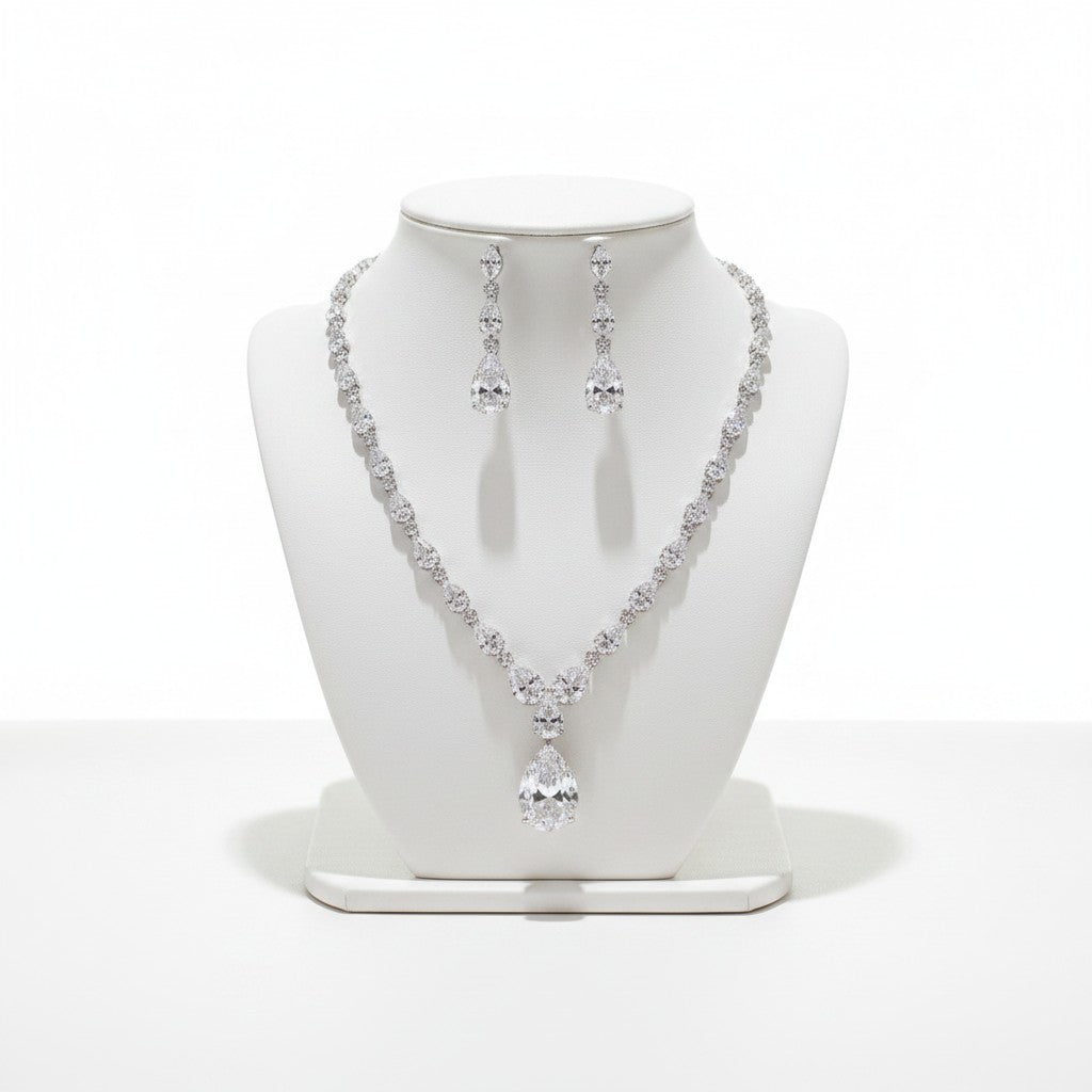CUBIC ZIRCONIA COLLECTION - EXQUISITE DROP NECKLACE SET - CZNK234 SILVER