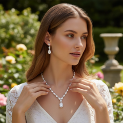 CUBIC ZIRCONIA COLLECTION - EXQUISITE DROP NECKLACE SET - CZNK234 SILVER