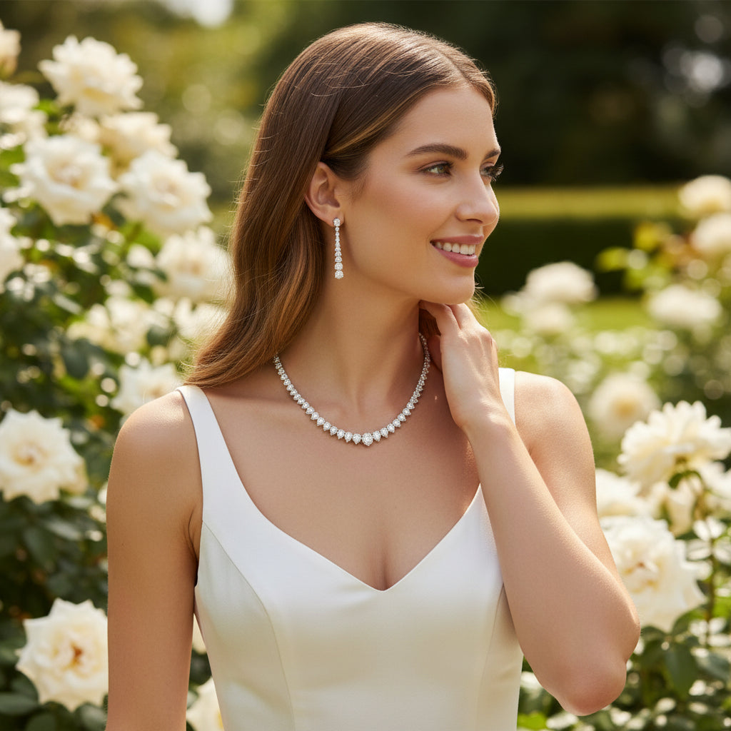 CUBIC ZIRCONIA COLLECTION - CHIC ELEGANCE NECKLACE SET - CZNK235 SILVER