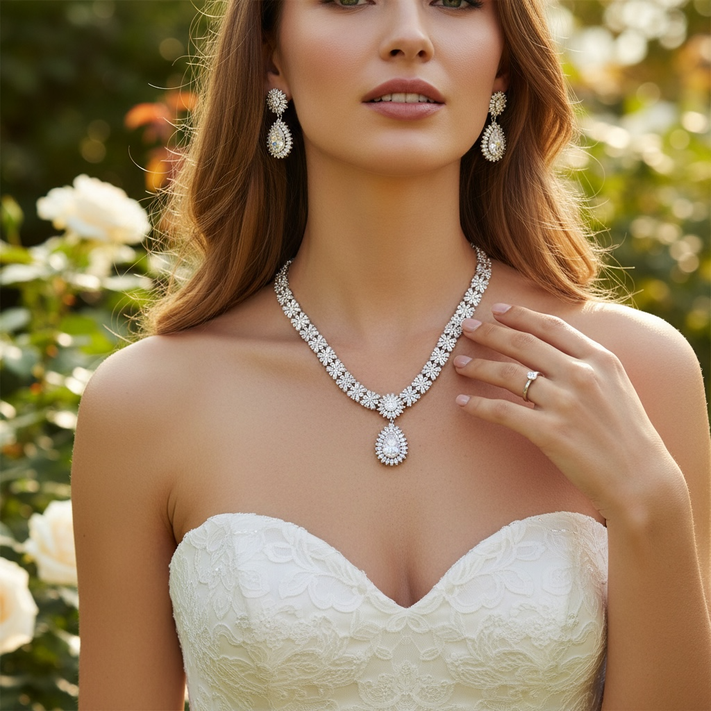 CUBIC ZIRCONIA COLLECTION - HOLLYWOOD STARLET NECKLACE SET - CZNK239 SILVER