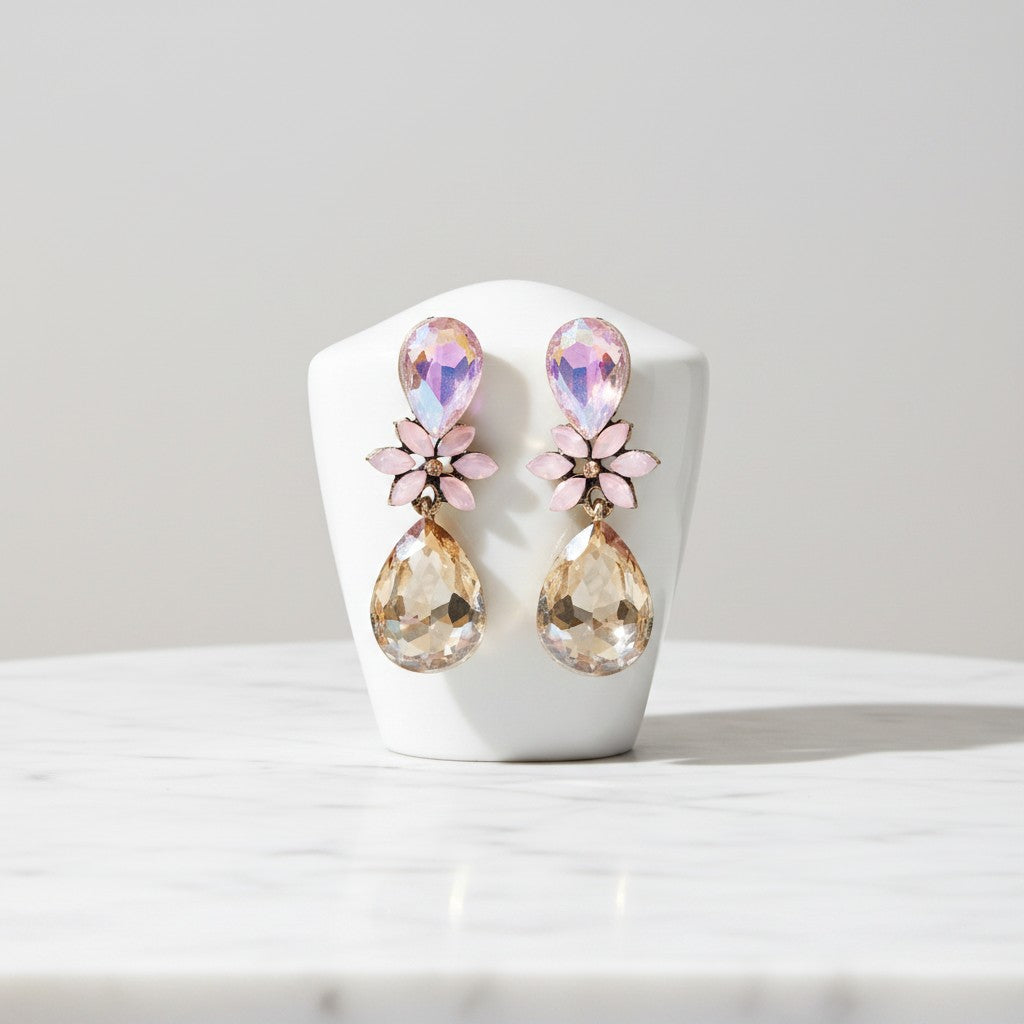 CUBIC ZIRCONIA COLLECTION - CRYSTAL DROP  EARRINGS - CZER793 CHAMPAGNE