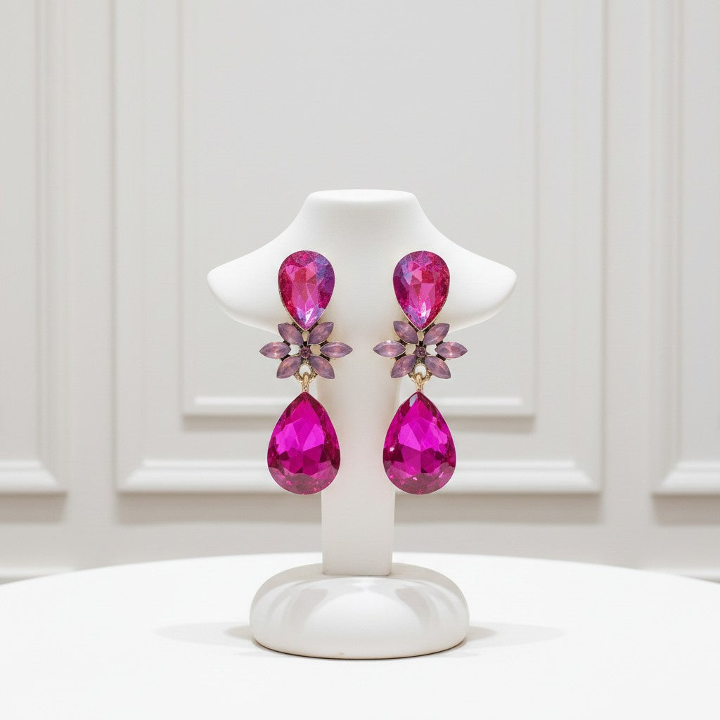 CUBIC ZIRCONIA COLLECTION - CRYSTAL DROP EARRINGS - CZER793 HOT PINK