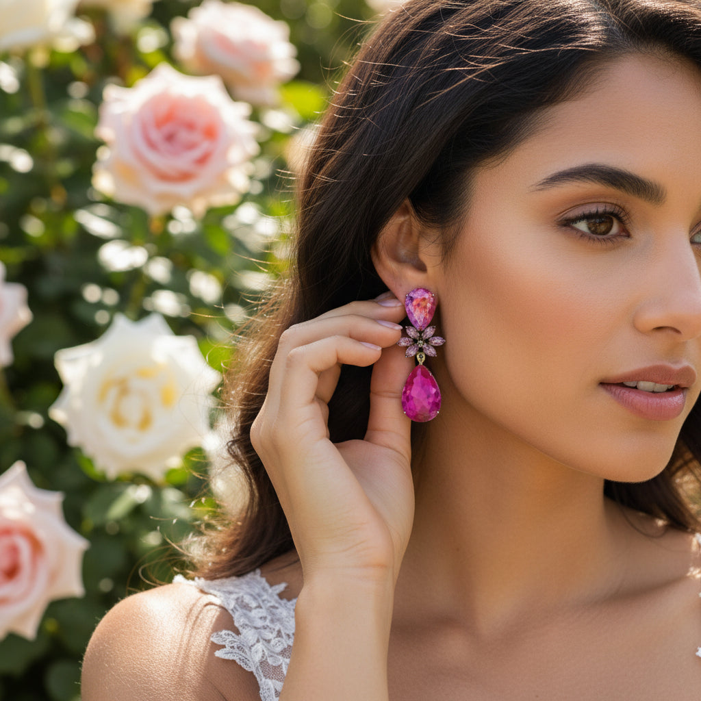 CUBIC ZIRCONIA COLLECTION - CRYSTAL DROP EARRINGS - CZER793 HOT PINK