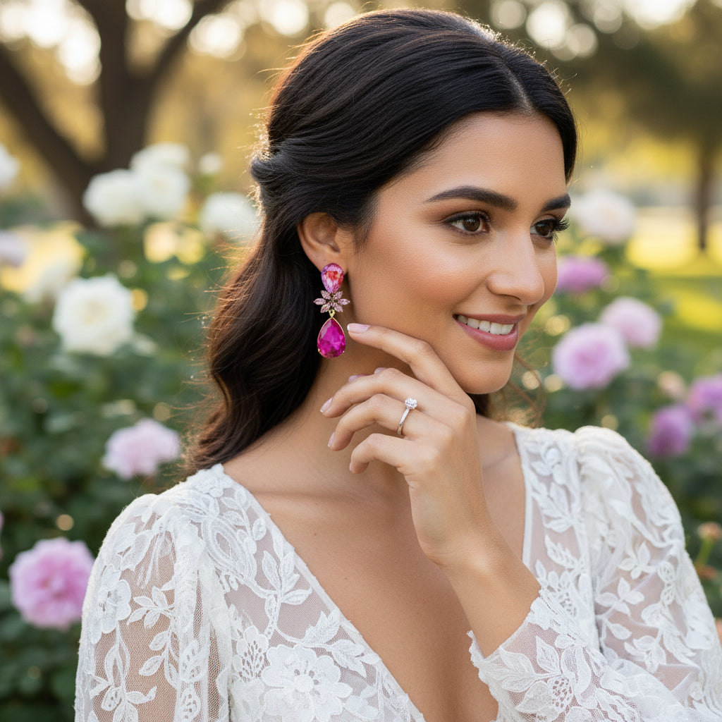 CUBIC ZIRCONIA COLLECTION - CRYSTAL DROP EARRINGS - CZER793 HOT PINK
